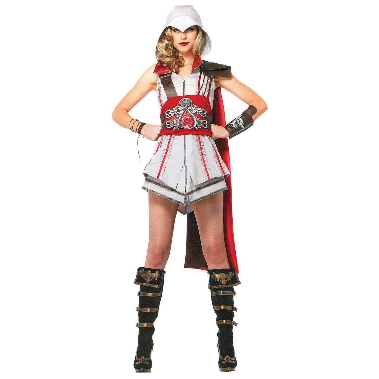 Women's Assassin's Creed Ezio Halloween Costume with Hooded Dress Cape Belt and Arm Wraps